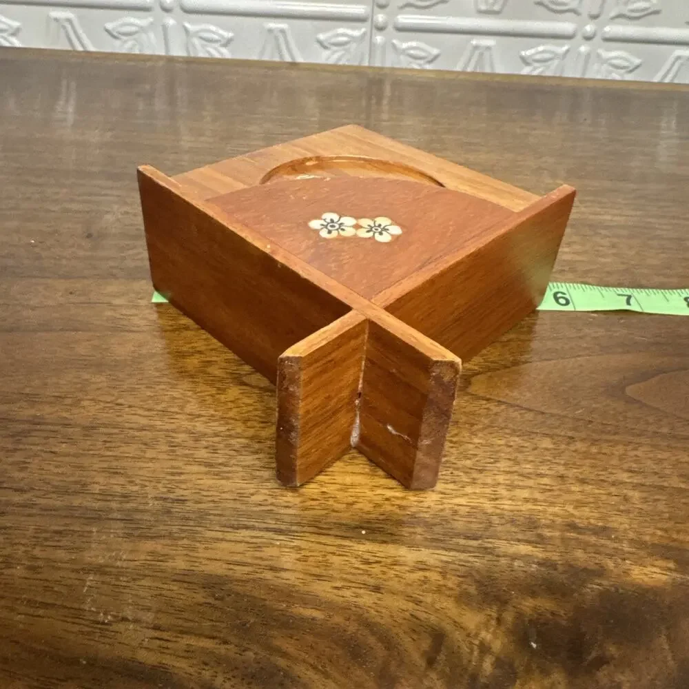 Vintage Coasters Lacquered Wooden With Inlay And Coaster Holder Lot Of 6